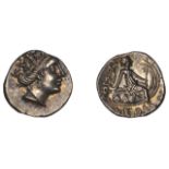 Greek Coinages, EUBOIA, HistiÃ¦a, Tetrobol, head of nymph right, nymph seated left on ship, Î±...