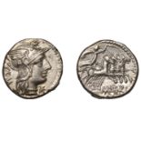 Roman Republican Coinage, M. Aburius M.f. Geminus, Denarius, c. 132, helmeted head of Roma r...