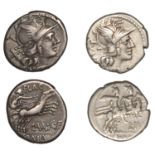 Roman Republican Coinage, Denarii (2), L. Julius, c. 141, helmeted head of Roma right, xvi b...