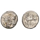 Roman Republican Coinage, Decimius Flavus, Denarius, c. 150, helmeted head of Roma right, re...