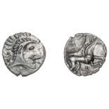 ICENI, Early Uninscribed series, silver Unit, Face/Horse type, stylised head right, wreath b...