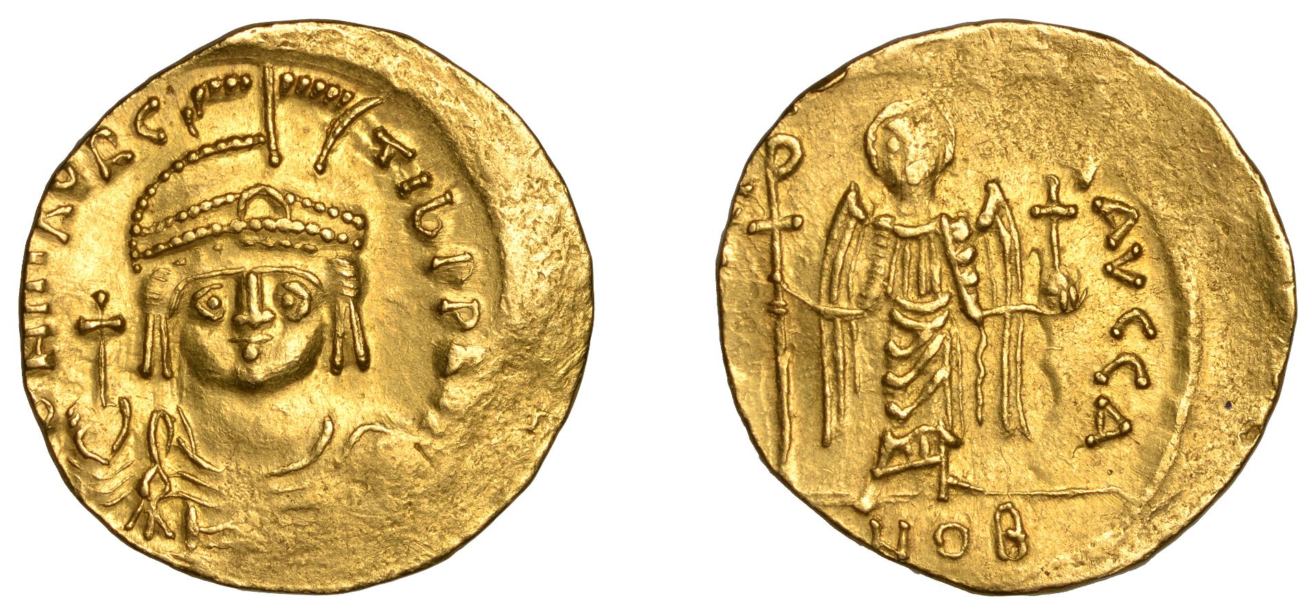 Maurice Tiberius, Solidus, Constantinople, helmeted bust facing, holding globus cruciger, re...