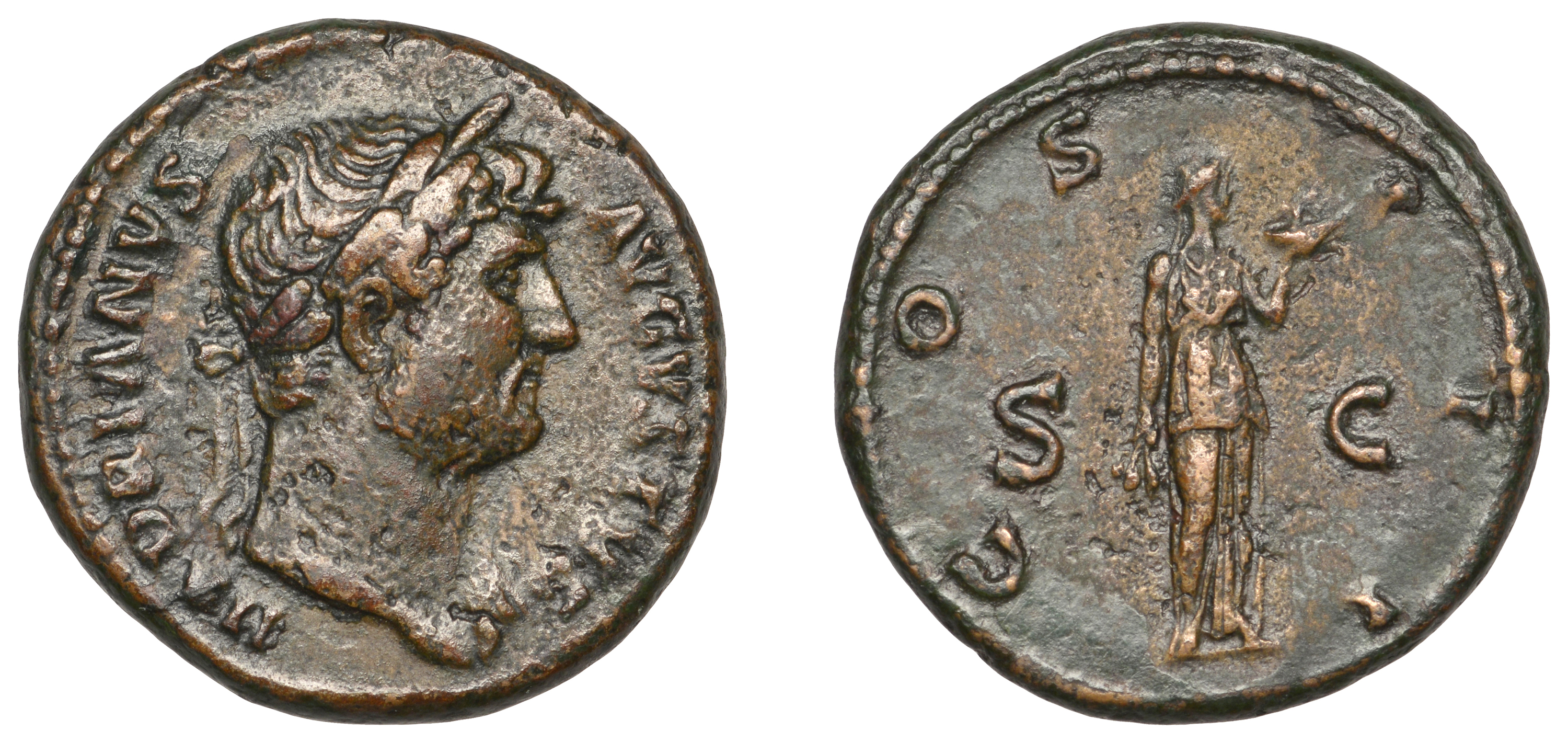 Roman Imperial Coinage, Hadrian, As, c. 136, laureate bust right, rev. Fides standing right,...