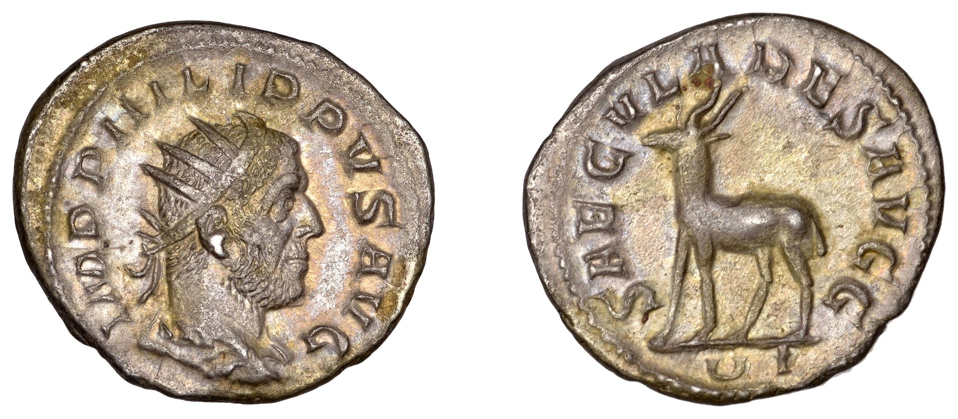 Philip I, Antoninianus, 248, radiate bust right, rev. saecvlares avgg, antelope standing lef...