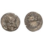 Roman Republican Coinage, L. Saufeius, Denarius, c. 152, helmeted head of Roma right, rev. V...