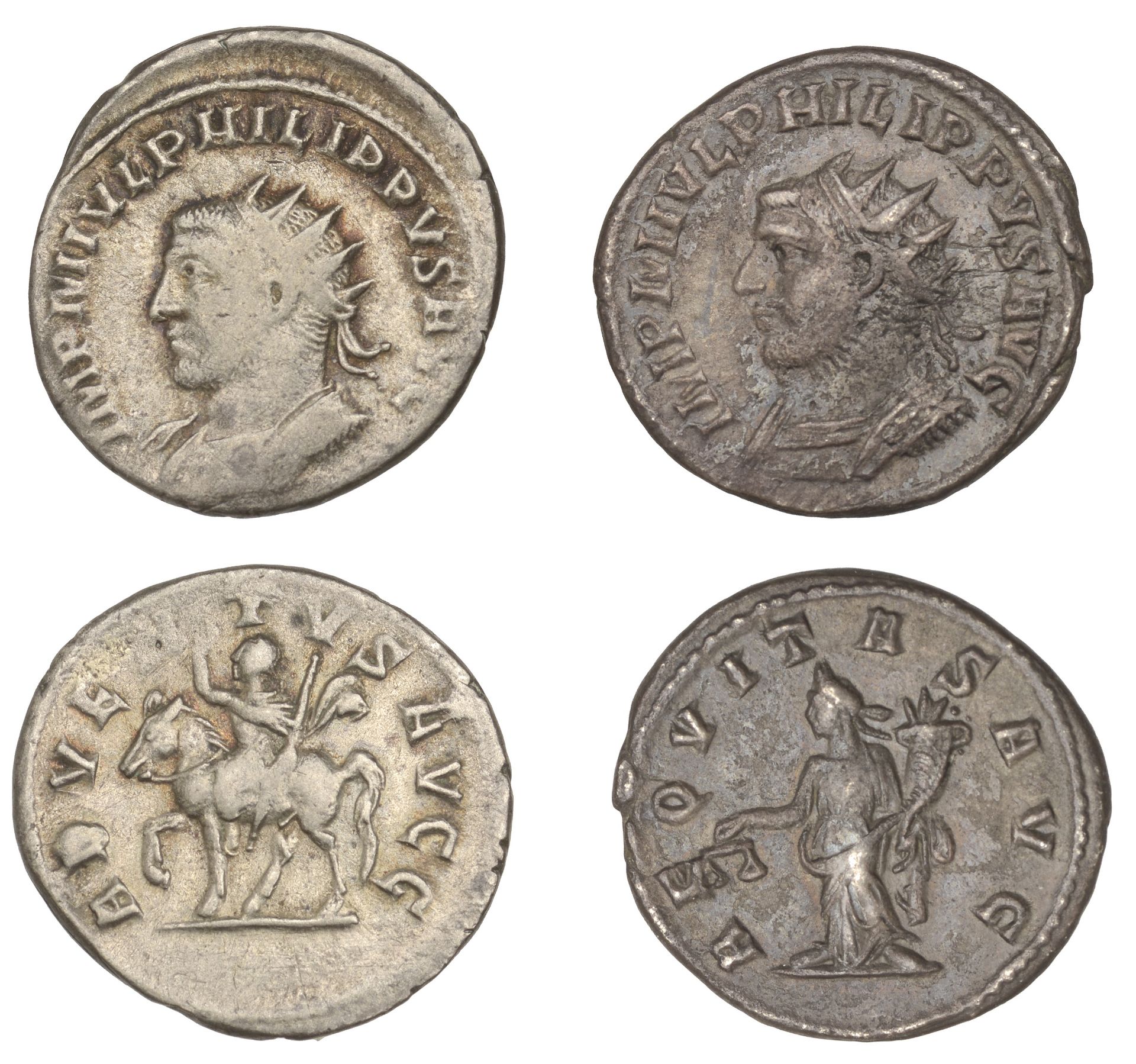 Philip I, Antoniniani (2), 245, radiate and cuirassed bust left, rev. adventvs avgg, emperor...