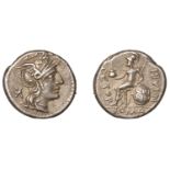 Roman Republican Coinage, Numerius Fabius Pictor, Denarius, c. 126, helmeted head of Roma ri...