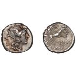 Roman Republican Coinage, C. Titinius, Denarius, c. 141, helmeted head of Roma right, xvi he...