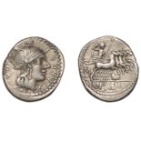 Roman Republican Coinage, Q. Fabius Labeo, Denarius, c. 124, helmeted head of Roma right, la...