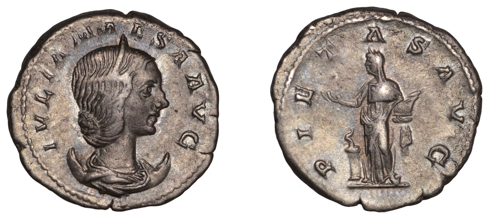 Julia MÃ¦sa, Antoninianus, 218-20, draped bust right on crescent, rev. pietas avg, Pietas sta...