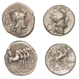 Roman Republican Coinage, Denarii (2), M. Vargunteius, c. 130, helmeted head of Roma right,...