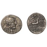 Roman Republican Coinage, M. Fannius C.f., Denarius, c. 123, helmeted head of Roma right, ro...