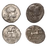 Roman Republican Coinage, Denarii (2), M. Marcius Mn.f., c. 134, helmeted head of Roma right...