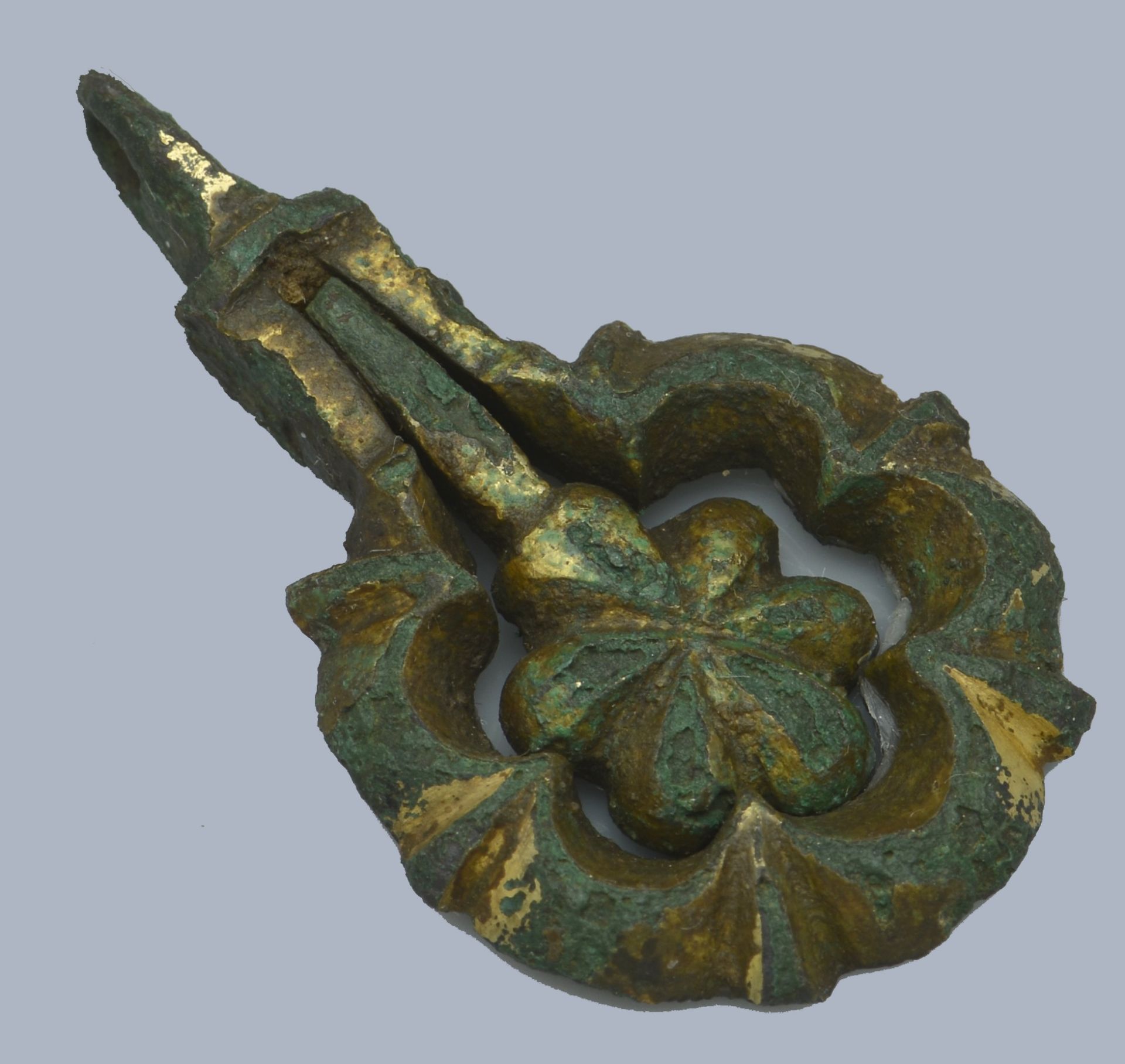 Medieval, 14th Century, A gilt-brass horse pendant, 4.5cm x 2.7cm, six-petalled flower swive...
