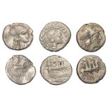 Roman Republican Coinage, Denarii (3), Cn. Gellius, c. 138, helmeted head of Roma right, x b...