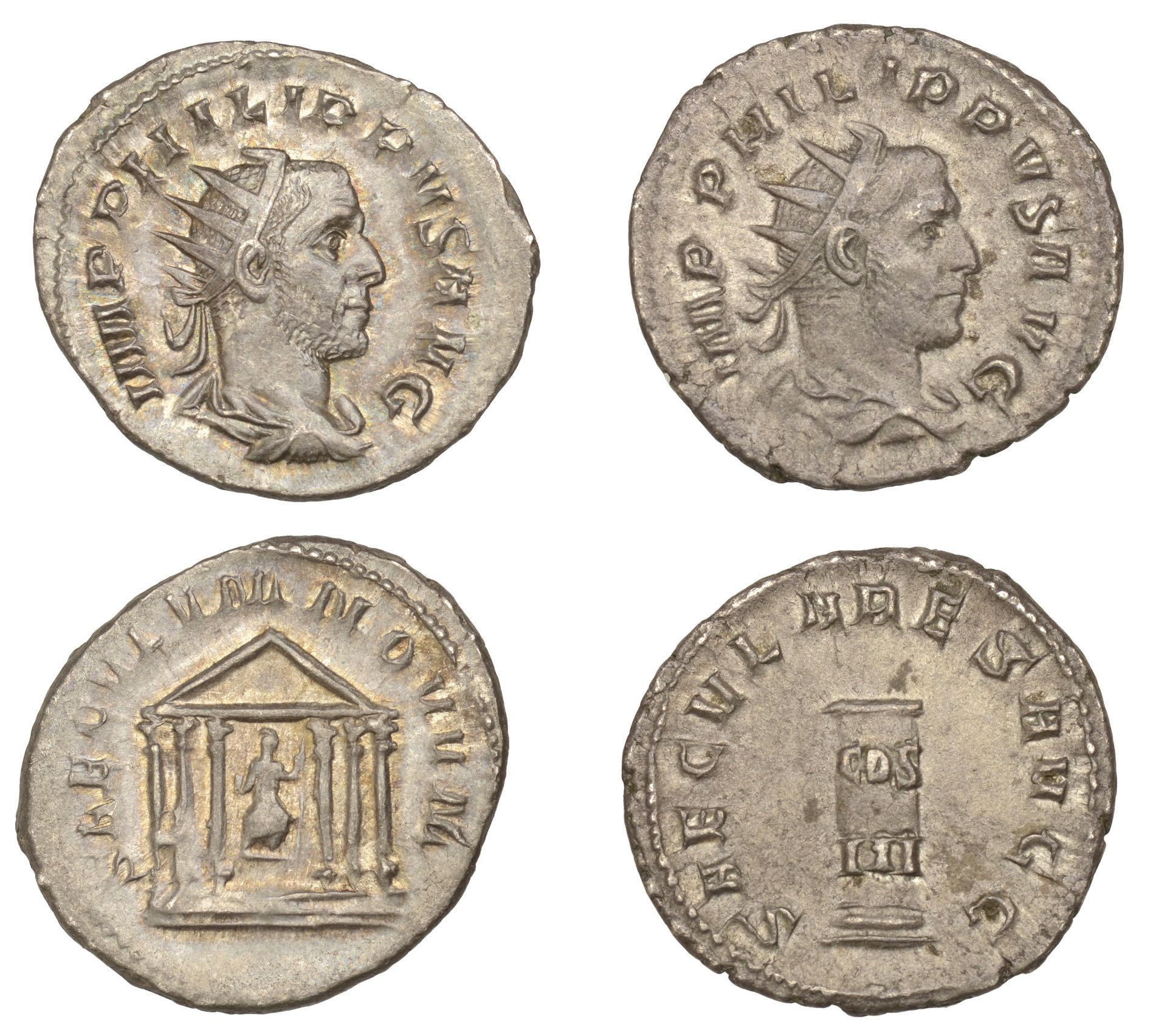 Philip I, Antoniniani (2), both 248, radiate bust right, rev. saecvlares avgg, low column in...