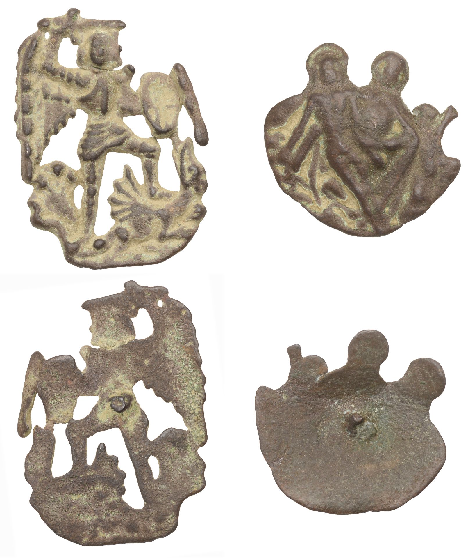 Medieval, 15th Century, Brass pilgrim badges (2), oval openwork design with St Michael stand...