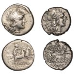 Roman Republican Coinage, Denarii (2), A. Spurilius, c. 139, helmeted head of Roma right, x...