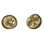 Greek Coinages, MYSIA, Kyzikos, El Hemihekte, c. 460-400, Dionysus reclining on panther leap...