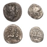 Roman Republican Coinage, Anonymous, Quinarius, head of Roma right wearing winged helmet, v...