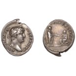 Hadrian, Denarius, 130-3, laureate head right, rev. restitvtori galliae, Hadrian standing ri...