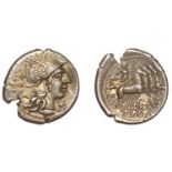 Roman Republican Coinage, L. Antestius Dragulus, Denarius, c. 136, helmeted head of Roma rig...
