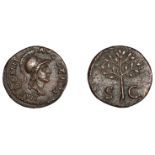 Domitian, Quadrans, 84-5, draped and helmeted head of Minerva right, rev. olive branch on la...