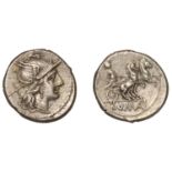 Roman Republican Coinage, Anonymous, Denarius, c. 179-170, helmeted head of Roma right, x be...