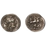 Roman Republican Coinage, L. Caecilius Metellus Diadematus, Denarius, c. 128, helmeted head...