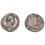 Hadrian, Denarius, 130-3, laureate head right, rev. Hispania reclining left on rocks, holdin...