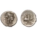 Roman Republican Coinage, C. Servilius M.f., Denarius, c. 136, helmeted head of Roma right,...