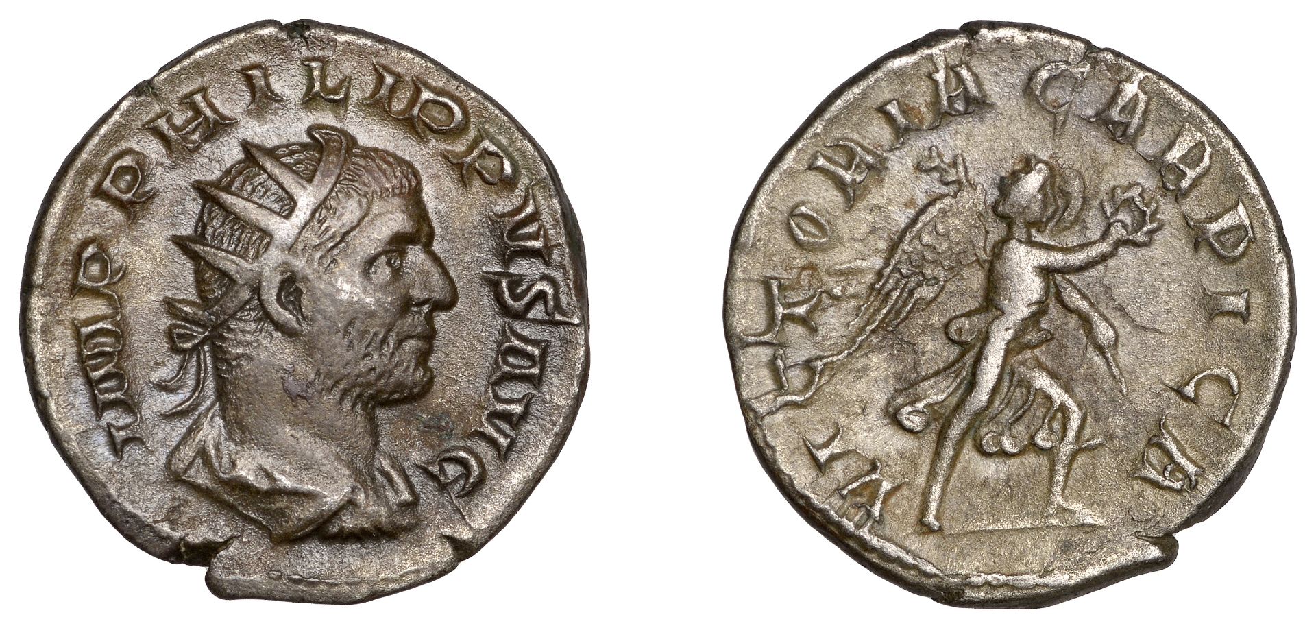 Philip I, Antoninianus, 247, radiate and draped bust right, rev. victoriae carpica, Victory...