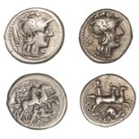 Roman Republican Coinage, Denarii (2), Cn. Domitius Ahenobarbus, c. 128, helmeted head of Ro...