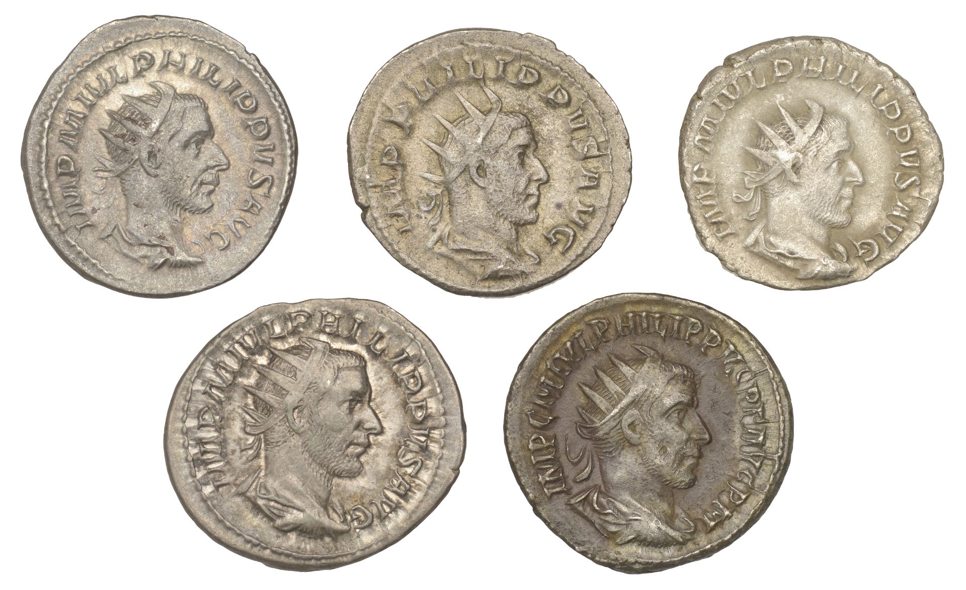 Philip I, Antoniniani (5), 244-5, rev. victoria avg, Victory advancing right, 4.56g/12h (RIC...