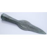 Bronze Age, A European spearhead, c. 1200-1000 BC, ogival shape with bevelled edges and prom...