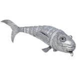 A silver articulated fish, with pelvic and pectoral fins, the hinged head with clear glass e...