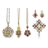 A collection of gem-set brooches and pendants, comprising a ruby and cultured pearl foliate...