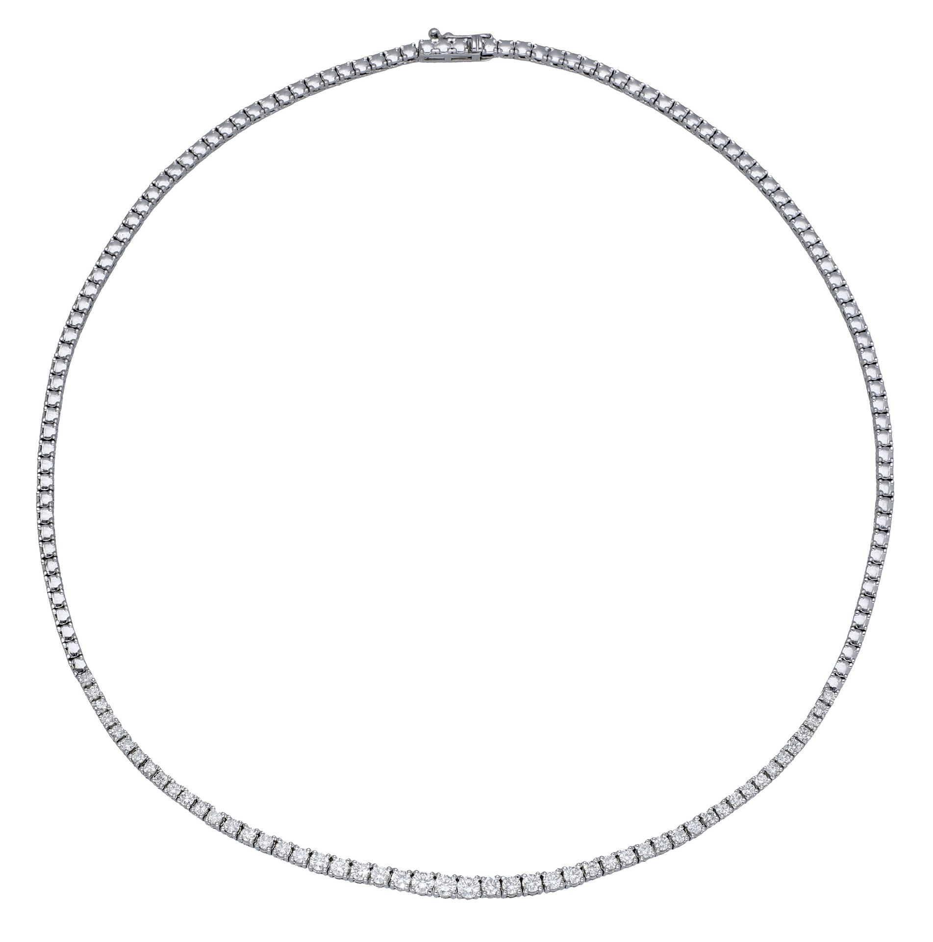 A diamond line necklace, the central section claw set with a row of slightly graduating bril...