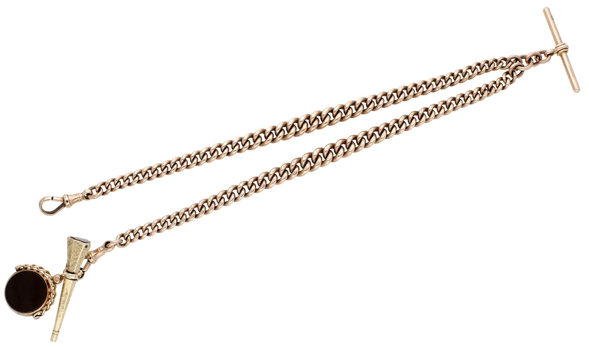 A 9ct gold double albert chain, of graduated curb links with T bar, two swivel fittings, par...