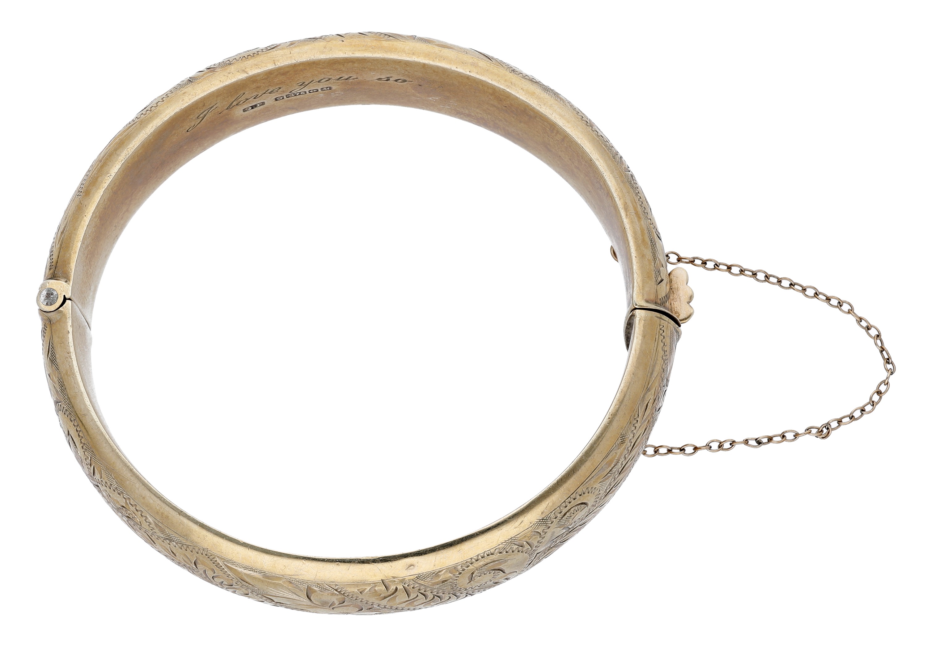 A 9ct gold hinged bangle, of hollow form, with engraved foliate and scroll decoration throug... - Image 2 of 4