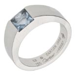 An 18ct white gold aquamarine 'Tank' ring by Cartier, centred with a bufftop aquamarine, sig...