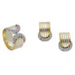 An Italian diamond set ring and earring suite, the reeded tricolour band with brilliant-cut...