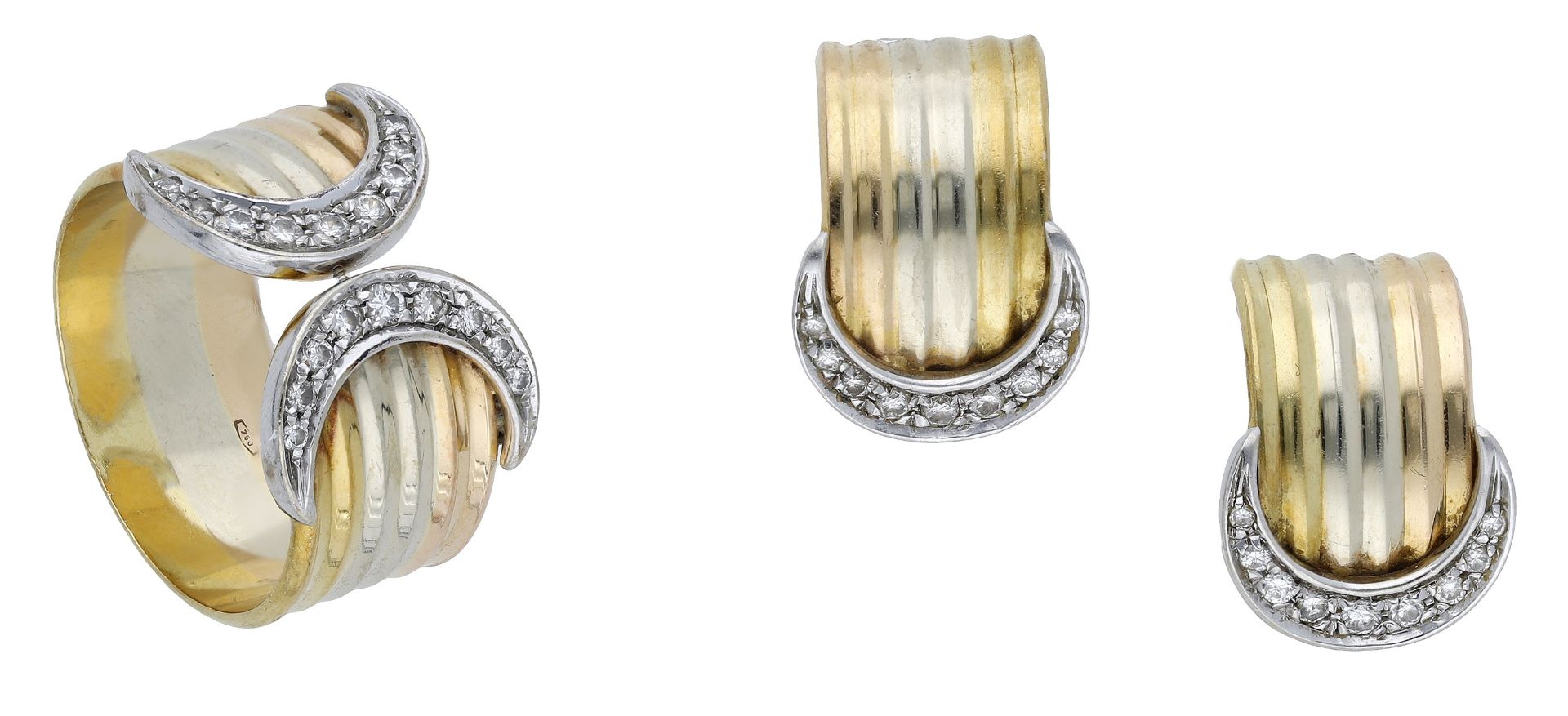 An Italian diamond set ring and earring suite, the reeded tricolour band with brilliant-cut...