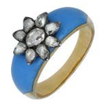 An enamel and diamond set ring, the tapered band with turquoise enamel to the front. with la...