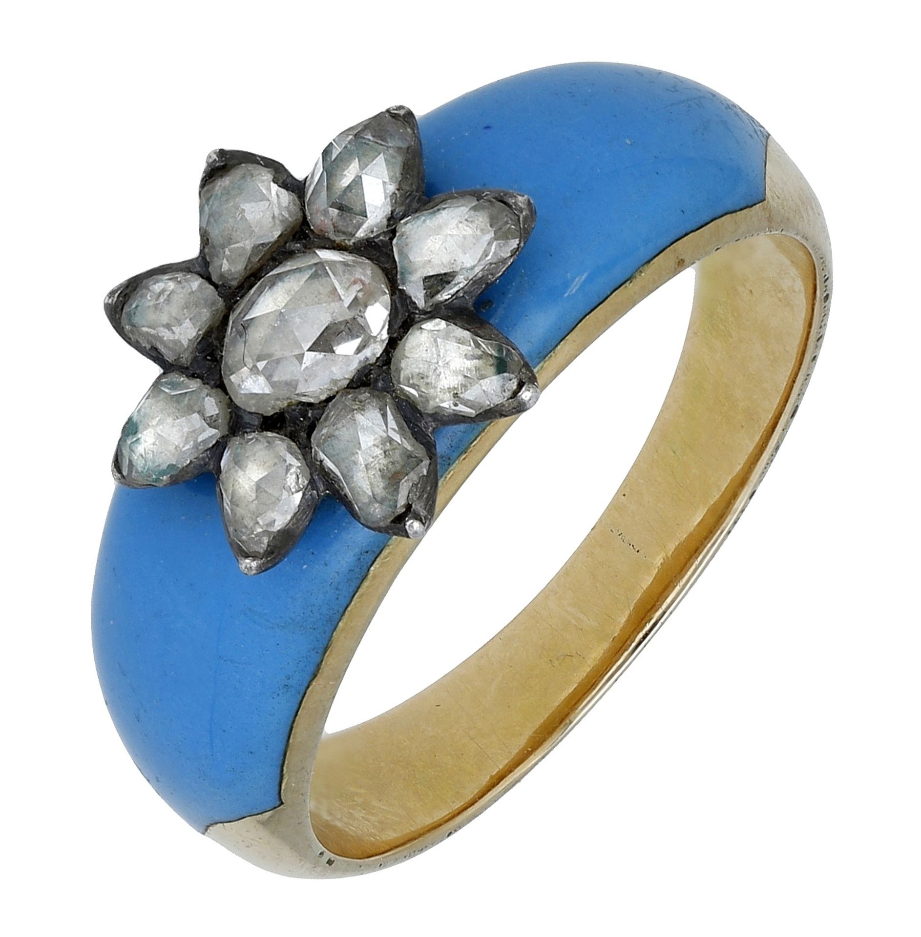 An enamel and diamond set ring, the tapered band with turquoise enamel to the front. with la...