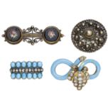 Four 19th century brooches, comprising a rose-cut diamond and turquoise cabochon rectangular...