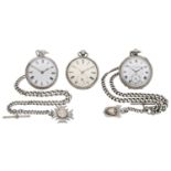 Three 19th century silver watches together with two Albert chains. Movements: 1st; verge es...