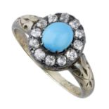 A late 19th century turquoise and diamond cluster ring, the oval turquoise cabochon within a...