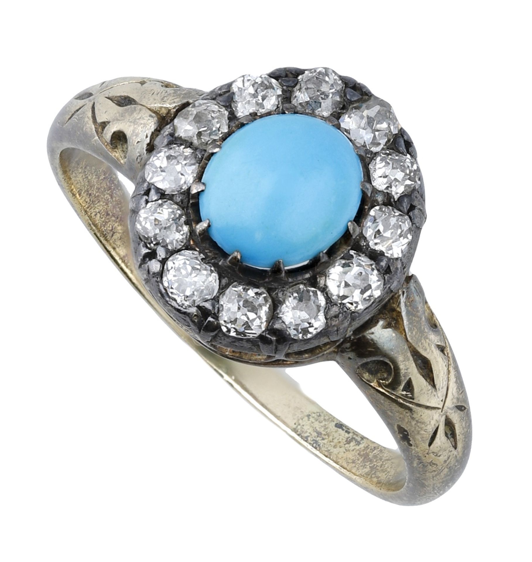 A late 19th century turquoise and diamond cluster ring, the oval turquoise cabochon within a...