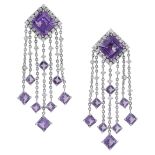 A pair of amethyst and diamond chandelier earrings, each composed of an amethyst and diamond...